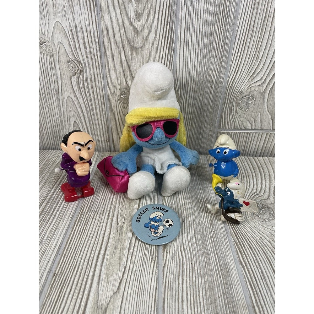 Vintage Smurfs Lot Smurfette Plush Gargamel Wind Up Toy Figures Pinback Button